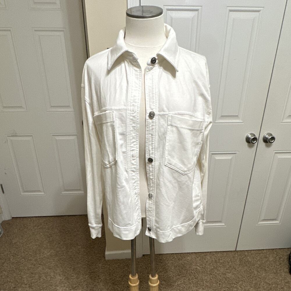 Jane and Delancey W White mixed media shacket L Button Front Collared Pockets